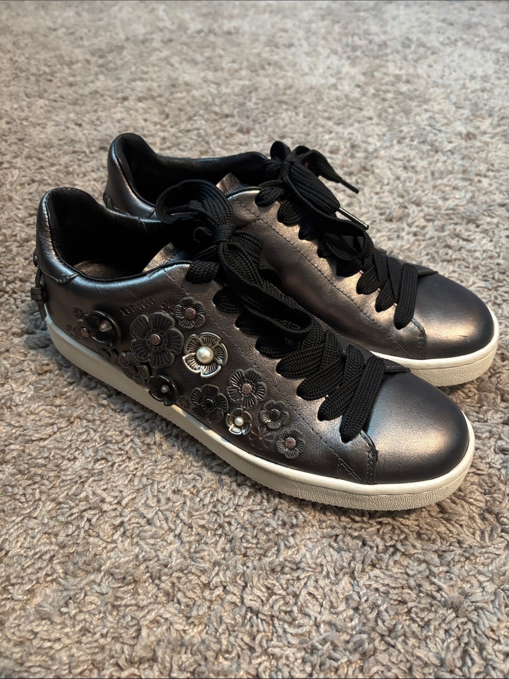 Coach Metallic Gunmetal Floral Studded Low-Top Sneakers